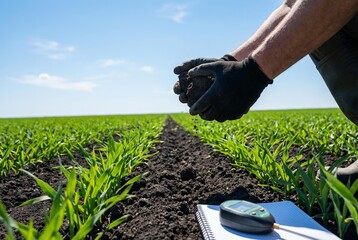 Farmer examining soil in a field of young crops under a clear sky