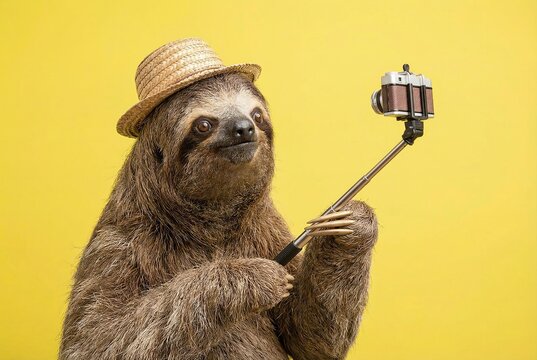 A cute sloth wearing a straw hat takes a selfie with a vintage camera on a stick