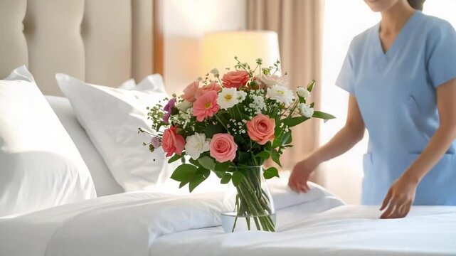 Hotel staff arranging fresh flowers on a pristine bed in a luxury room