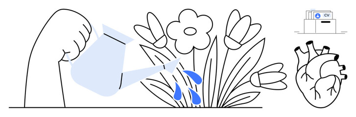 Growth and development motif. Growth expressed through hand watering flowers, nurturing and creativity. Emphasizing personal growth, care, ideas, and connection. For teamwork, education