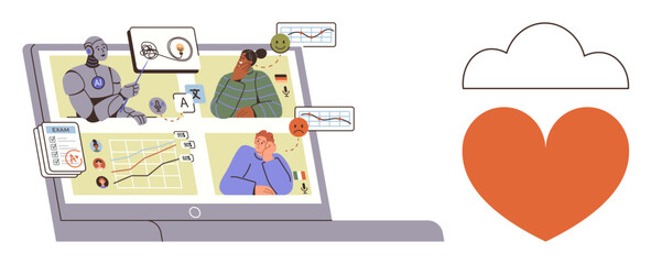 Fototapeta premium Telemedicine, remote healthcare, AI diagnosis, virtual patients, emotional tracking, health data visualization. Laptop showing AI robot, patient scenarios charts. Telemedicine and remote healthcare