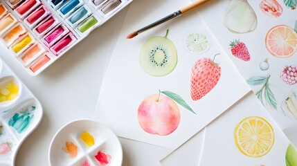 A creative workspace with watercolor paints and a drawing of various fruits
