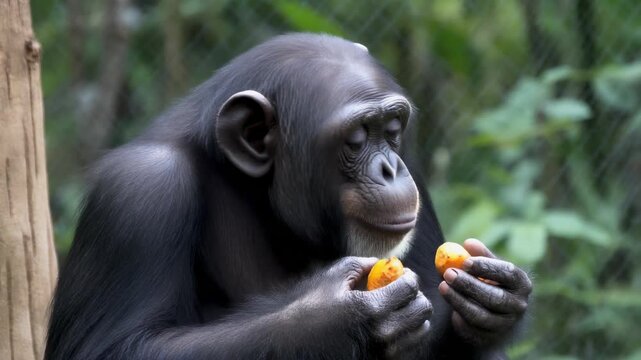 Chimpanzee eating fruit in a lush forest environment.