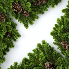 Festive green evergreen branches with pinecones frame an empty white space