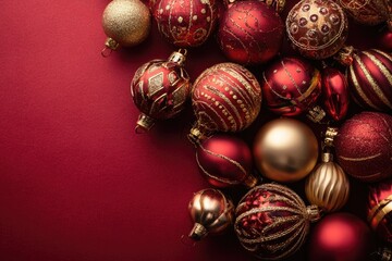 Red and gold Christmas ornaments, various textures, on a vibrant red background