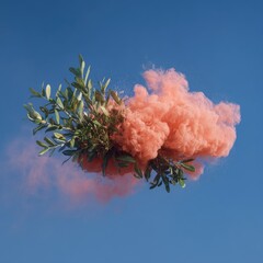 A vibrant olive branch erupts from a cloud of soft pink smoke against a clear, azure sky