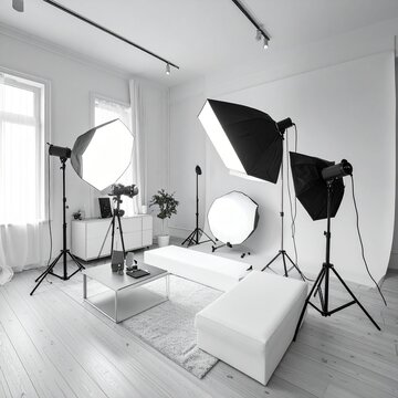 Bright photography studio with professional lighting equipment and white backdrop.