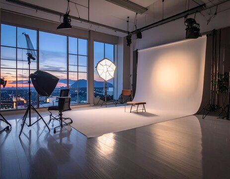 Bright photography studio with backdrop and professional lighting equipment.