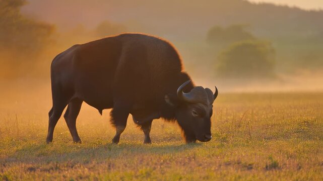 A majestic bison grazing peacefully in a misty field at sunrise.