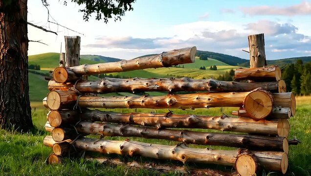 Rustic Log Fence in a Picturesque Rural Landscape.