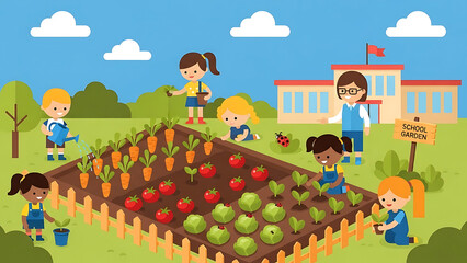 Obraz premium Children gardening together in a school garden with diverse vegetables and flowers