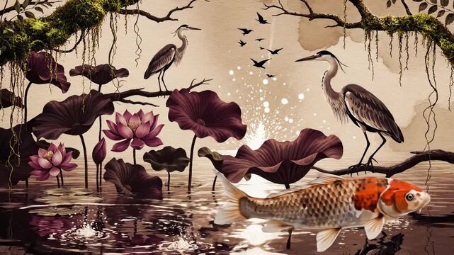 Koi Fish Swimming in Lily Pond With Herons on Branches