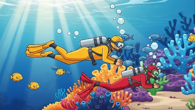 Scuba Divers Explore Vibrant Coral Reef Underwater Adventure Illustration
