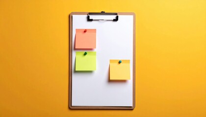 A vibrant and modern composition featuring a clipboard with colorful sticky notes against a yellow background. The simplicity of the image creates a clean and organized aesthetic