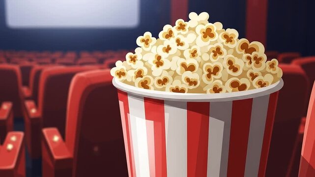 Popcorn bucket in empty movie theater with red seats and screen