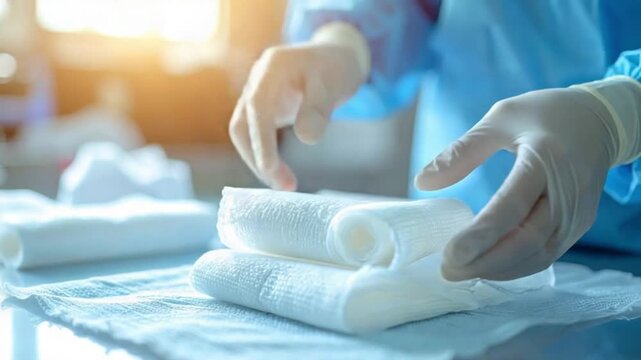 Medical professional hands in gloves preparing sterile bandages