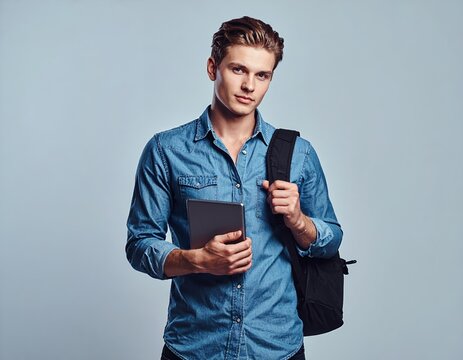 Confident Student with Tablet and Backpack Ready for Learning.