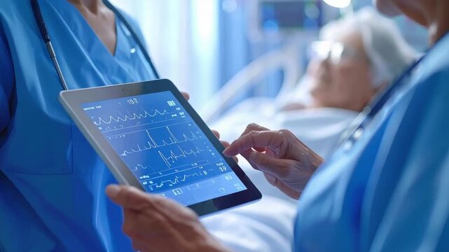 Healthcare team monitors patient vitals on digital tablet in hospital ward