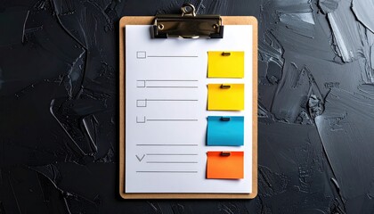 Clipboard with a checklist, to-do list, and sticky notes for planning. The scene suggests organization and structure