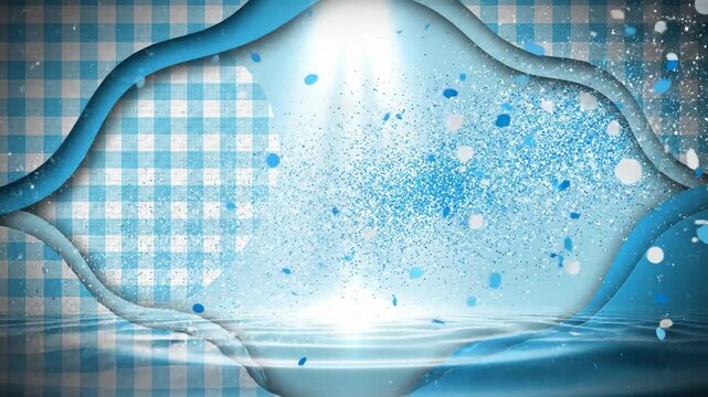 Abstract Blue Confetti Falling Into Water With Gingham Pattern Background