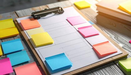 A vibrant planner with colorful sticky notes and a pen on a desk. The setup hints at creativity and productivity. The notes are placed on a clipboard for organizing the ideas. 