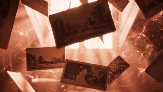 Floating old vintage postcards and photographs in abstract warm light and bokeh