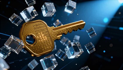 Abstract 3D data encryption visualization merging into golden key for safer internet day secure access and digital safety concept - Powered by Adobe