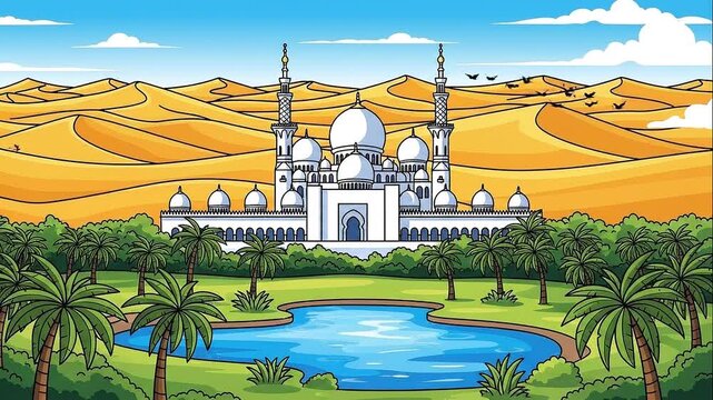 Sheikh Zayed Grand Mosque Oasis Cartoon Desert Landscape