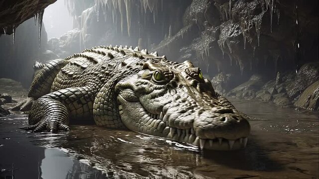 Giant Crocodile Resting in Dark Cave Water with Dramatic Lighting