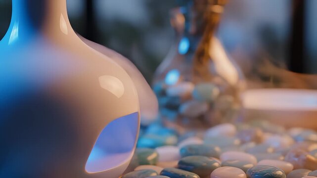Aroma Diffuser Releases Smoke Next to Decorative Pebbles Close Up