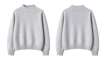 Elegant Light Grey Mock Neck Sweater, Front and Back Views, Isolated on Transparent Background