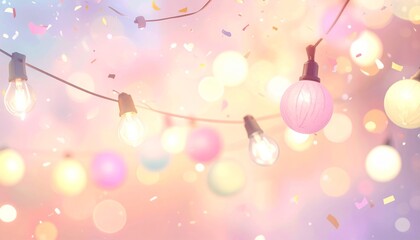 Obraz premium Colorful string lights and bokeh lights on a pastel background.