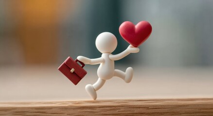 Small White Plastic Toy Figure with Heart and Briefcase, Symbolizing Love and Professionalism in a Minimalist Style