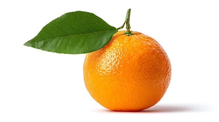 Whole fresh orange with attached green leaf, natural skin pores visible, isolated on white background