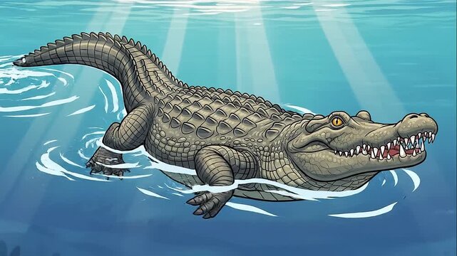 Crocodile Swimming Underwater Illustration Cartoon Style Reptile
