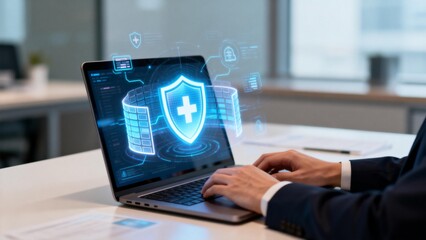 Person working on laptop with digital security shield