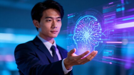 Man in suit interacting with digital brain graphic