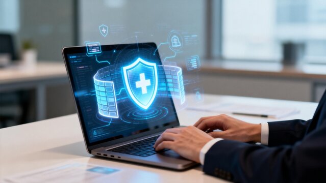 Person working on laptop with digital security shield - Powered by Adobe