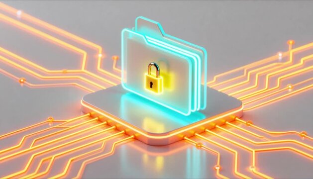 Minimalist 3D isometric glowing padlock on digital folder for safer internet day cybersecurity and data encryption background