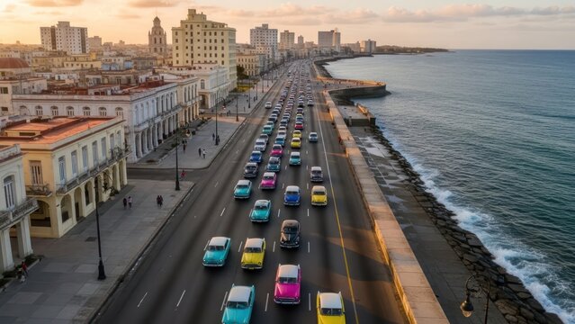 Vintage cars traverse the bustling Malec?n boulevard in Havana, Cuba against a sunset backdrop