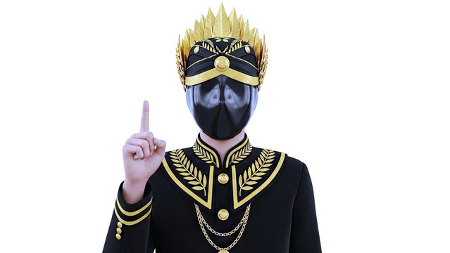 Figure in ceremonial attire with golden crown and raised index finger