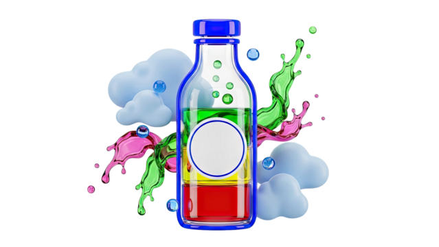 Colorful Liquid Bottle with Splashes and Clouds - Powered by Adobe