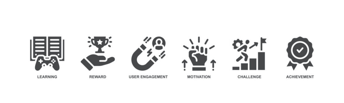 Gamification banner web icon vector illustration concept with icon of learning, reward, user engagement, motivation, challenge and achievement.