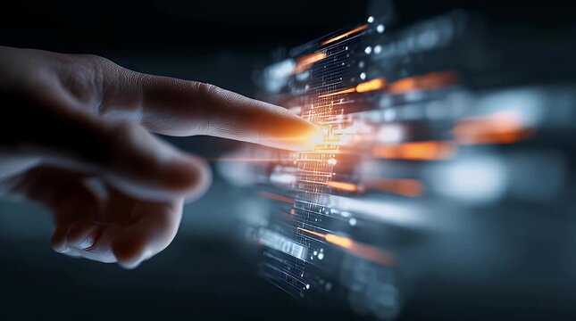 Hand reaching out to touch digital interface with glowing elements with ai generated