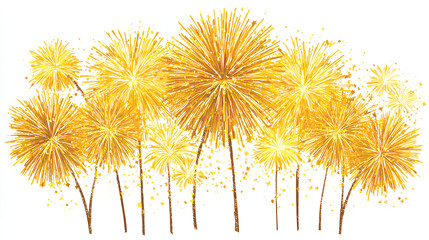 Obraz premium Yellow festive fireworks for New Year and Christmas celebration designs, stock illustration on a white background