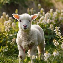 Obraz premium Whispers of Spring: A Curious Lamb Among Blossoms