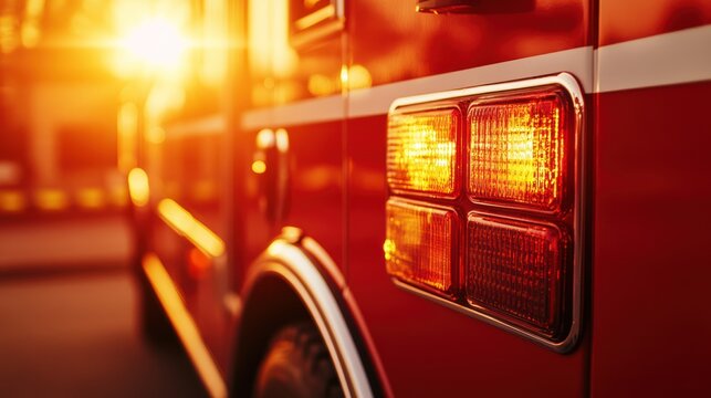 illuminated tail light of a vibrant red fire engine, symbolizing urgent response and safety with its shiny chrome detailing and blurred scene