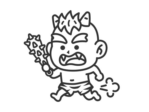 金棒を持って走る、黄鬼（線画）のイラスト