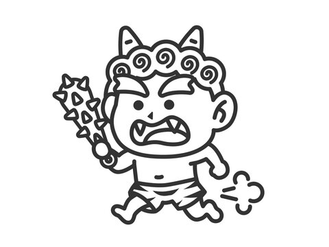 金棒を持って走る、赤鬼（線画）のイラスト