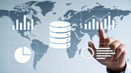 Hand interacting with digital data charts